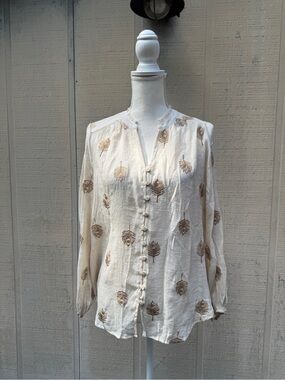 Women's Cream Button-Front Blouse with Brown Leaf Print